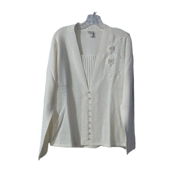 Adrian Delafield Sweater Size Large Beaded Knit Cream Faux Tank Pearl Buttons - Picture 1 of 9